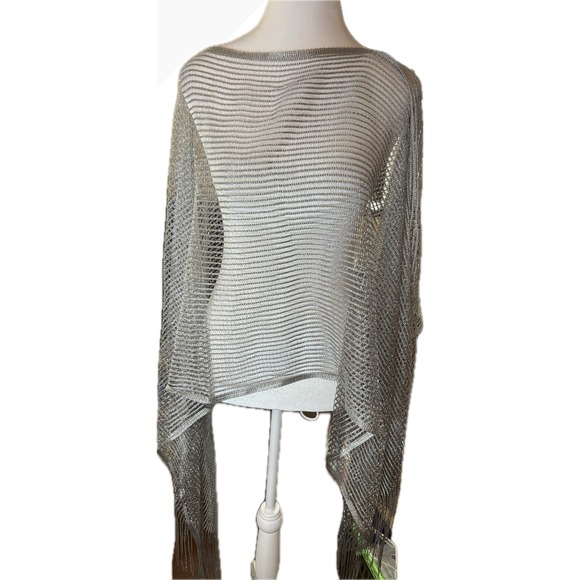Accessories - Silver Metallic Knit Fringe Poncho Wrap Shawl Metallic Mesh Evening Layering Top